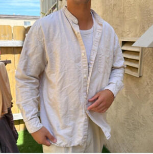 Uniqlo Mens XL Cotton Linen Band Collar Shirt long sleeve minimalist button down